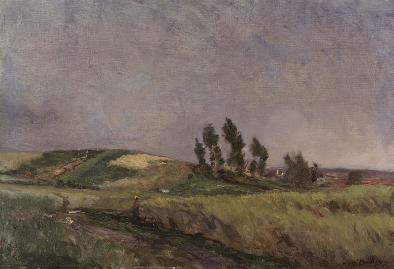 Gehucht in de duinen by Hippolyte Boulenger, oil on canvas depicting gentle dunes and light.
