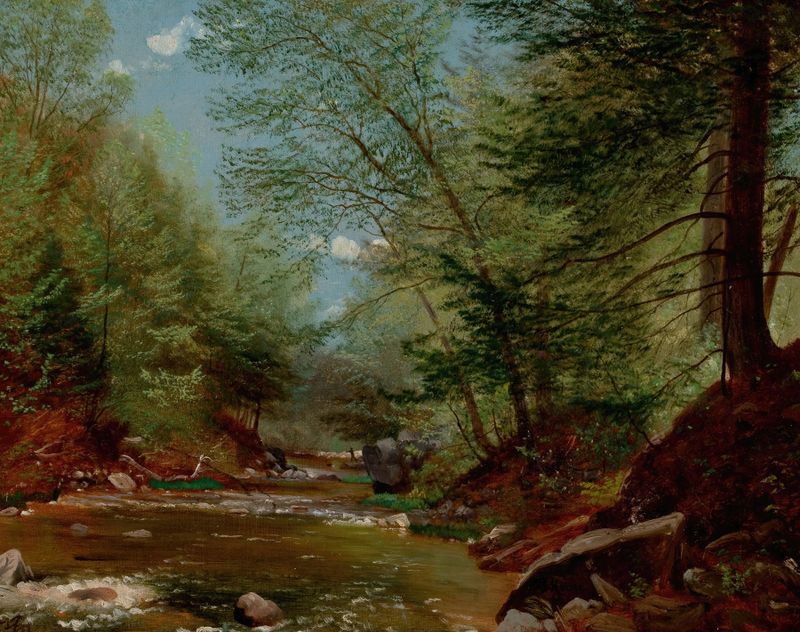 Fly Fishing by Nelson Augustus Moore, oil painting depicting a man fishing by a river.