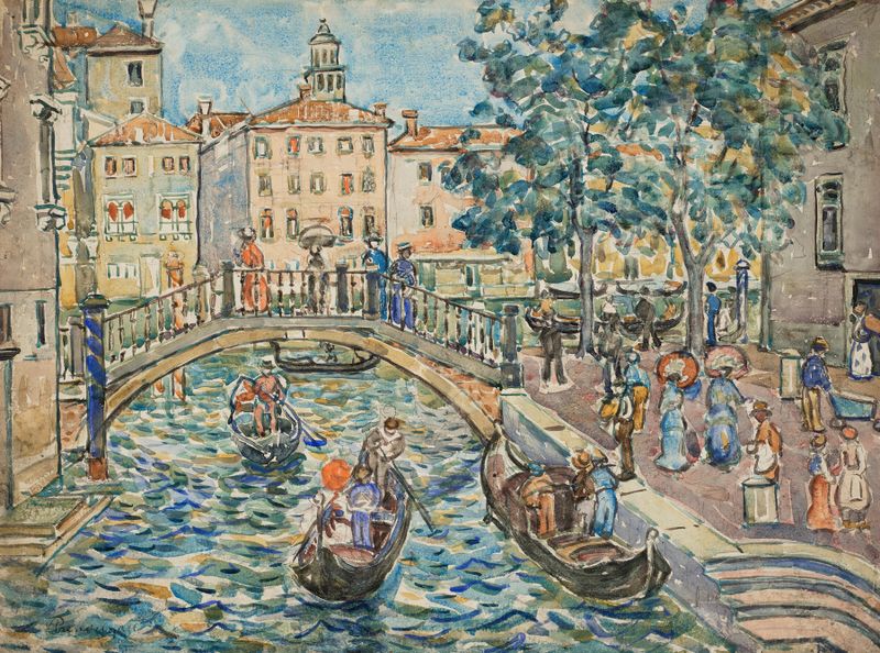 Cena de Veneza de Maurice Prendergast, aquarela sobre papel que retrata figuras e um céu colorido