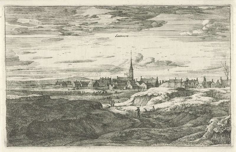 Etching by Roelant Roghman depicting a landscape with waves and a sunset.