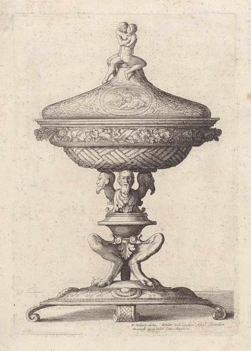 Gravura de Wenceslaus Hollar que retrata um vaso de vidro ornamentado e um casal se abraçando.