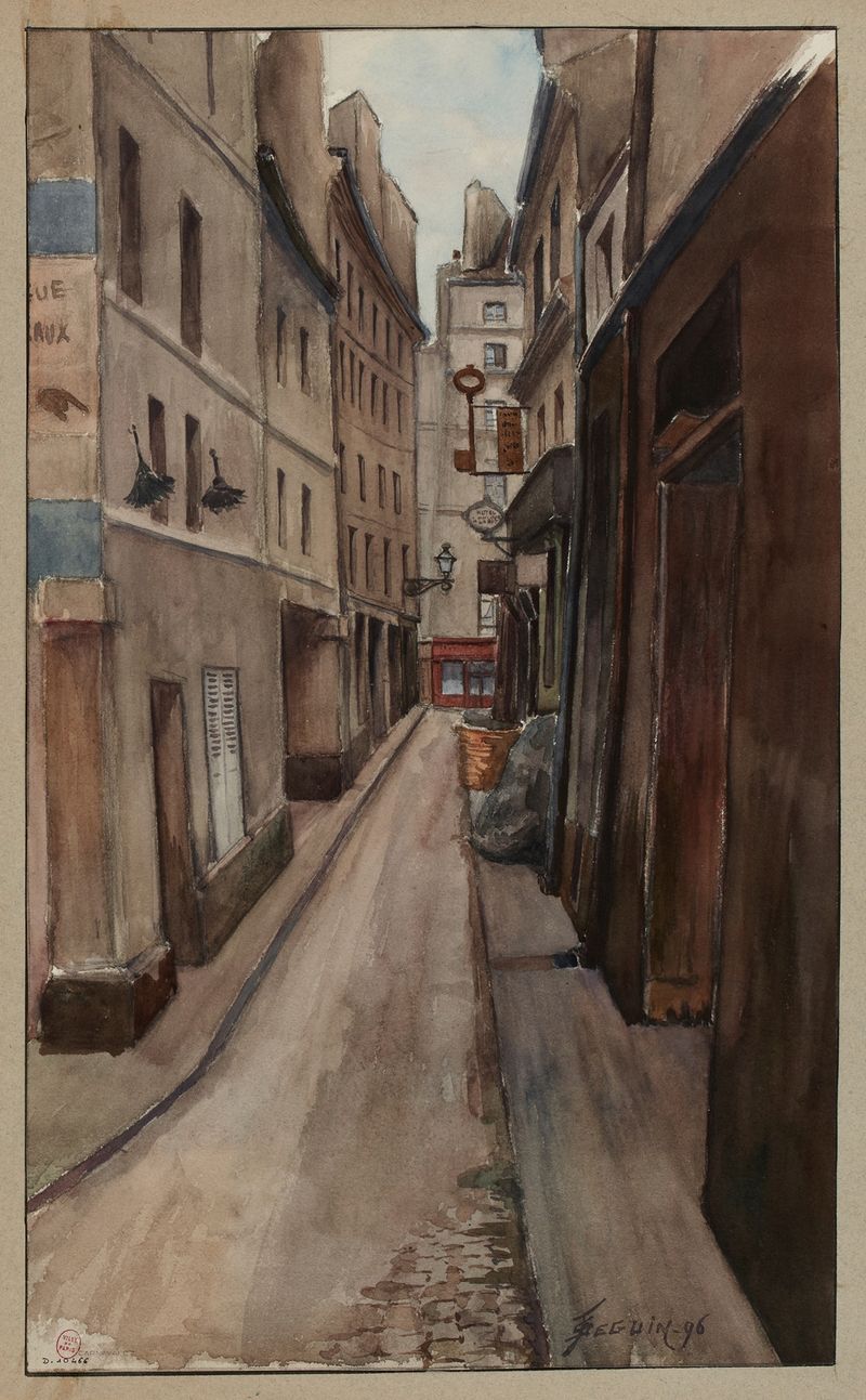 Óleo sobre lienzo de F. Séguin que representa un paisaje urbano al anochecer en París