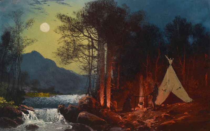 Moonlight Encampment by Charles Ferdinand Wimar, oil on canvas depicting travelers by a campfire in a forest.
