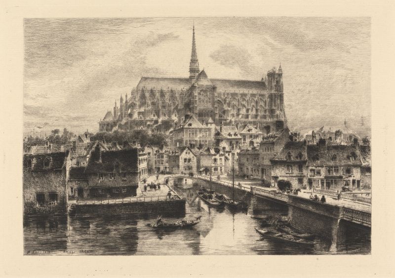 Amiens by Henri Toussaint, oil on canvas, depicting serene landscape with intricate architecture and soft light.