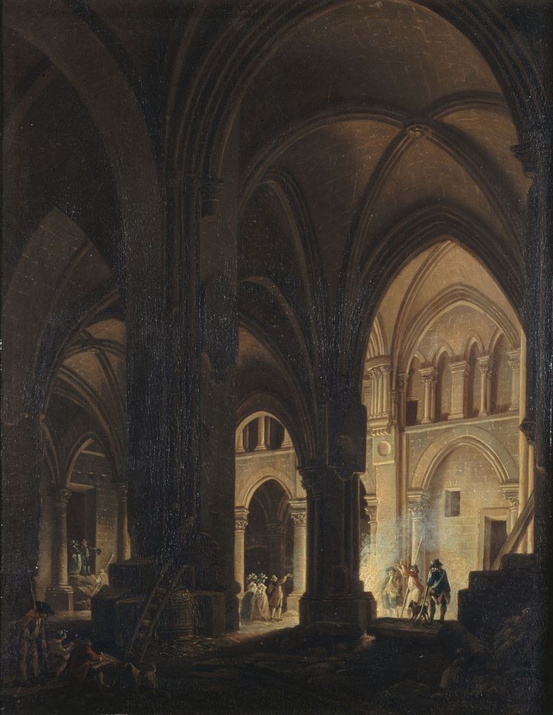 Interior de una iglesia con luz y sombra, óleo sobre lienzo de Pierre-Antoine Demachy