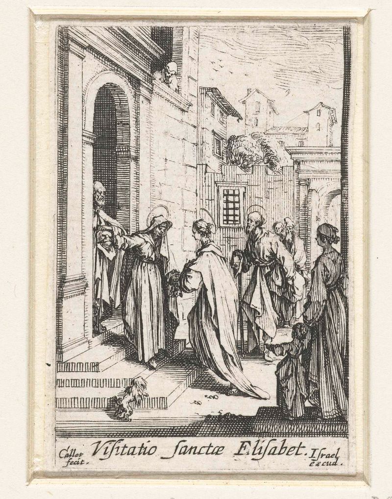 Grabado Visitatie de Jacques Callot que representa figuras en una habitación claustral
