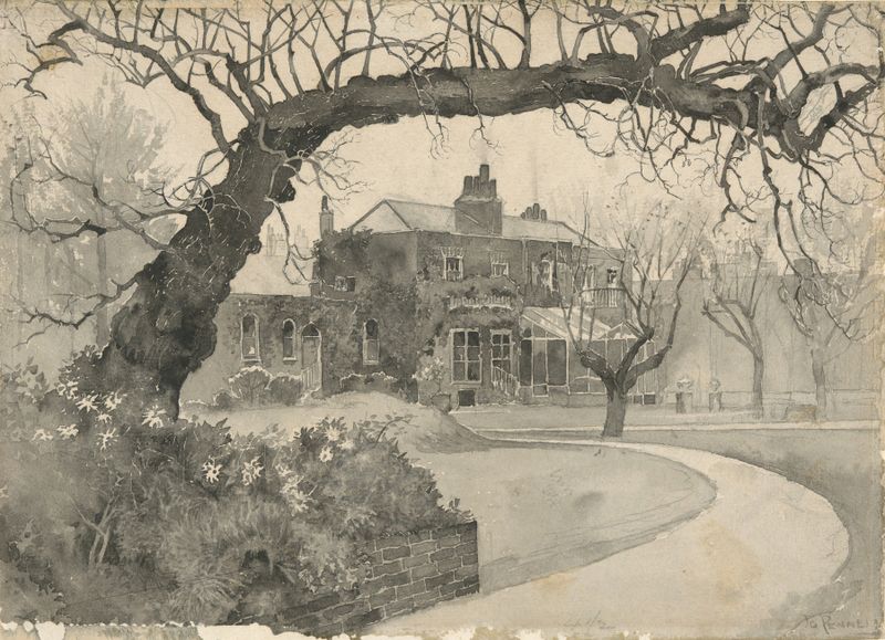 Chelsea Rectory de Joseph Pennell, tinta sobre papel, representando un paisaje arquitectónico nostálgico