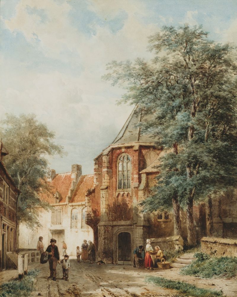 Figures In The Dorpsstraat, Asperen de Cornelis Springer, óleo sobre tela representando uma rua de aldeia com casas.