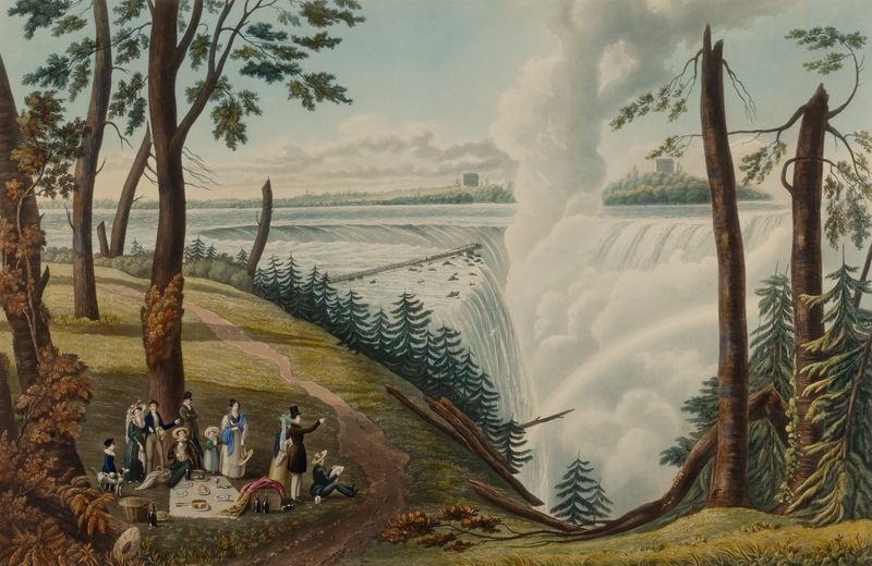 As Cataratas do Niágara de Charles Hunt, pintura a óleo que retrata uma cachoeira e o poder da natureza.