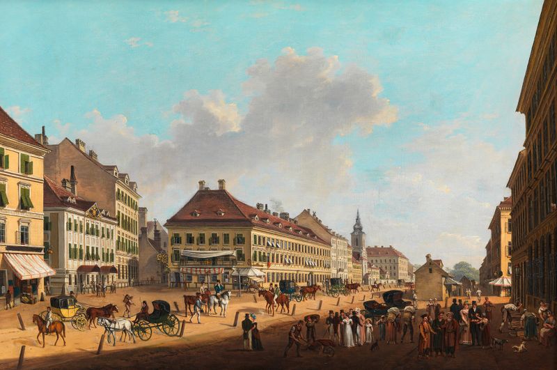 Die Jägerzeile mit dem Leopoldstädter Theater by Franz Scheyerer, medium unknown