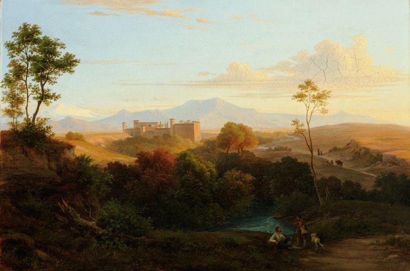 Italian Landscape by Georg Köbel, oil painting featuring rolling hills and azure sky.