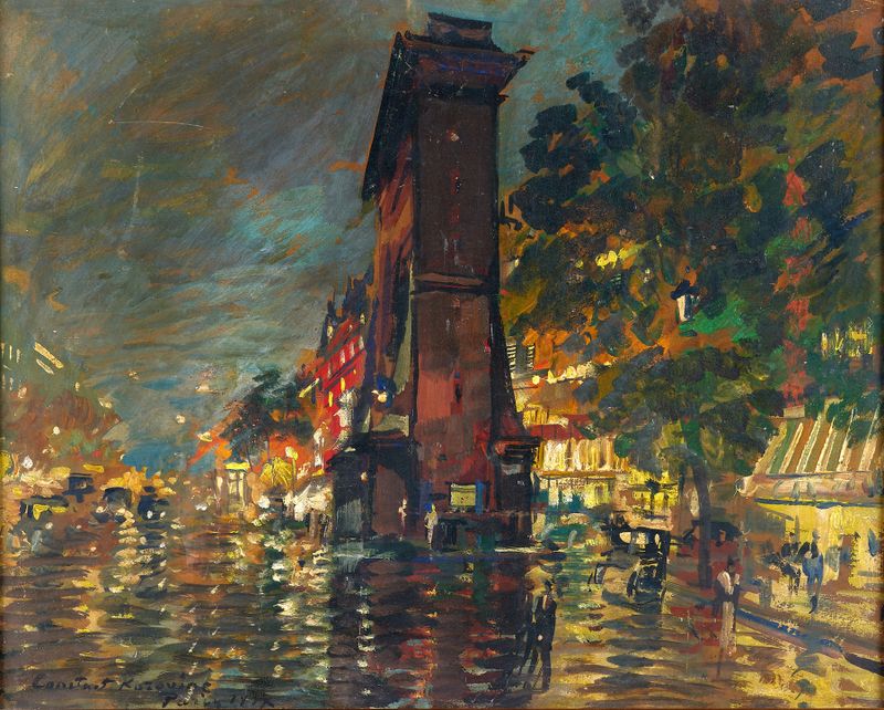 Cena noturna de Paris com postes de luz, de Konstantin Alexeevich Korovin, pintura a óleo