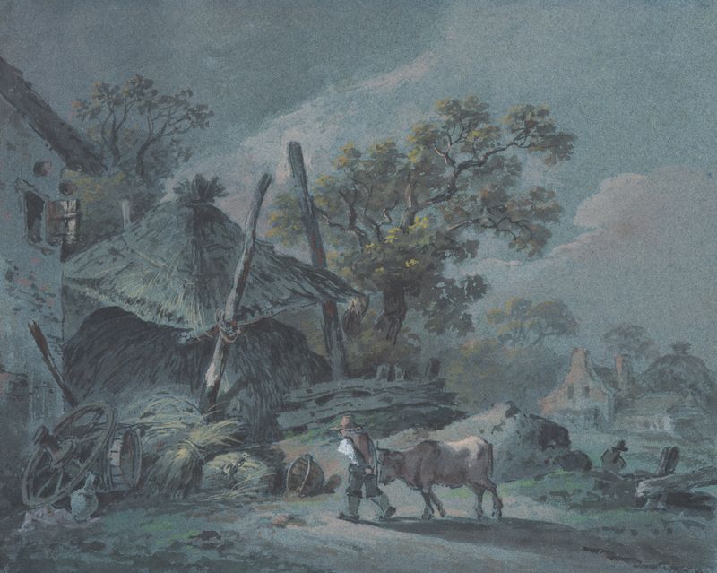 Paisaje rural con un granero al anochecer, pintura al óleo de Johann Christian Brand