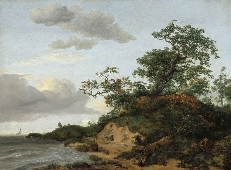 Dunes by the Sea, pintura al óleo de Jacob van Ruisdael, con dunas y mar.