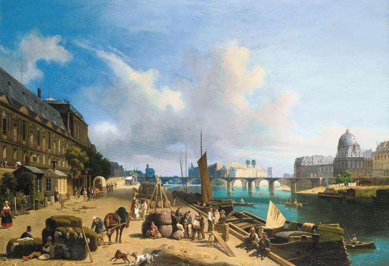 Marine scene depicting cotton bales at Port Saint Nicolas, Paris by Lambert Nollé