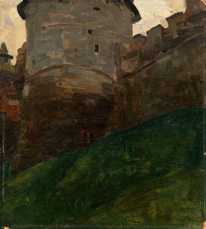 The Kremlin Tower of Nizhny Novgorod by Nicholas Roerich, oil painting depicting architecture.