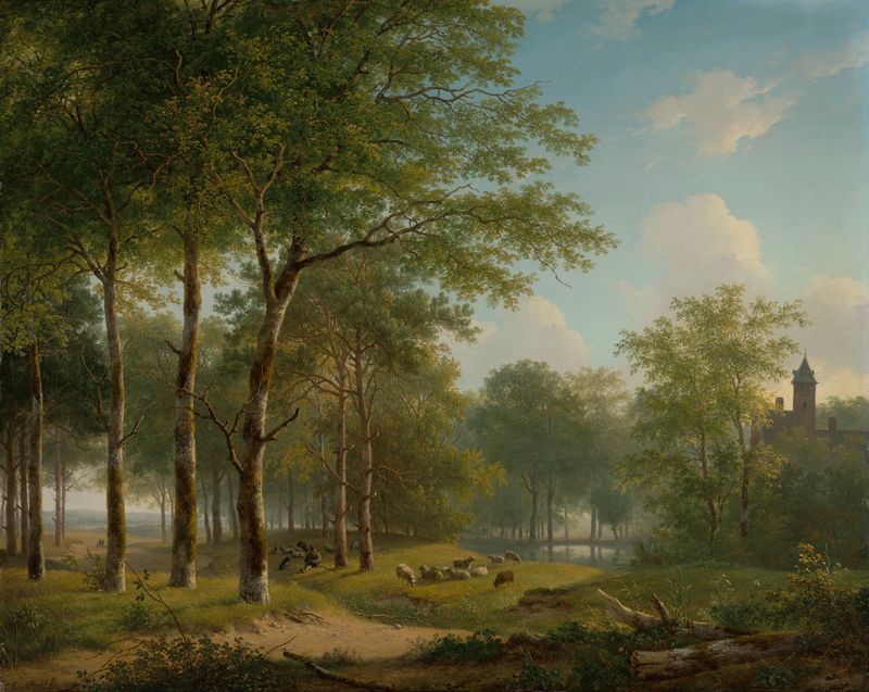 Shepherd resting on a country lane near a castle, óleo sobre tela de Andreas Schelfhout