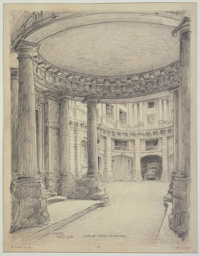 Cour de l’hôtel de Beauvais de Ferdinand Boberg, óleo sobre tela retratando um pátio acolhedor