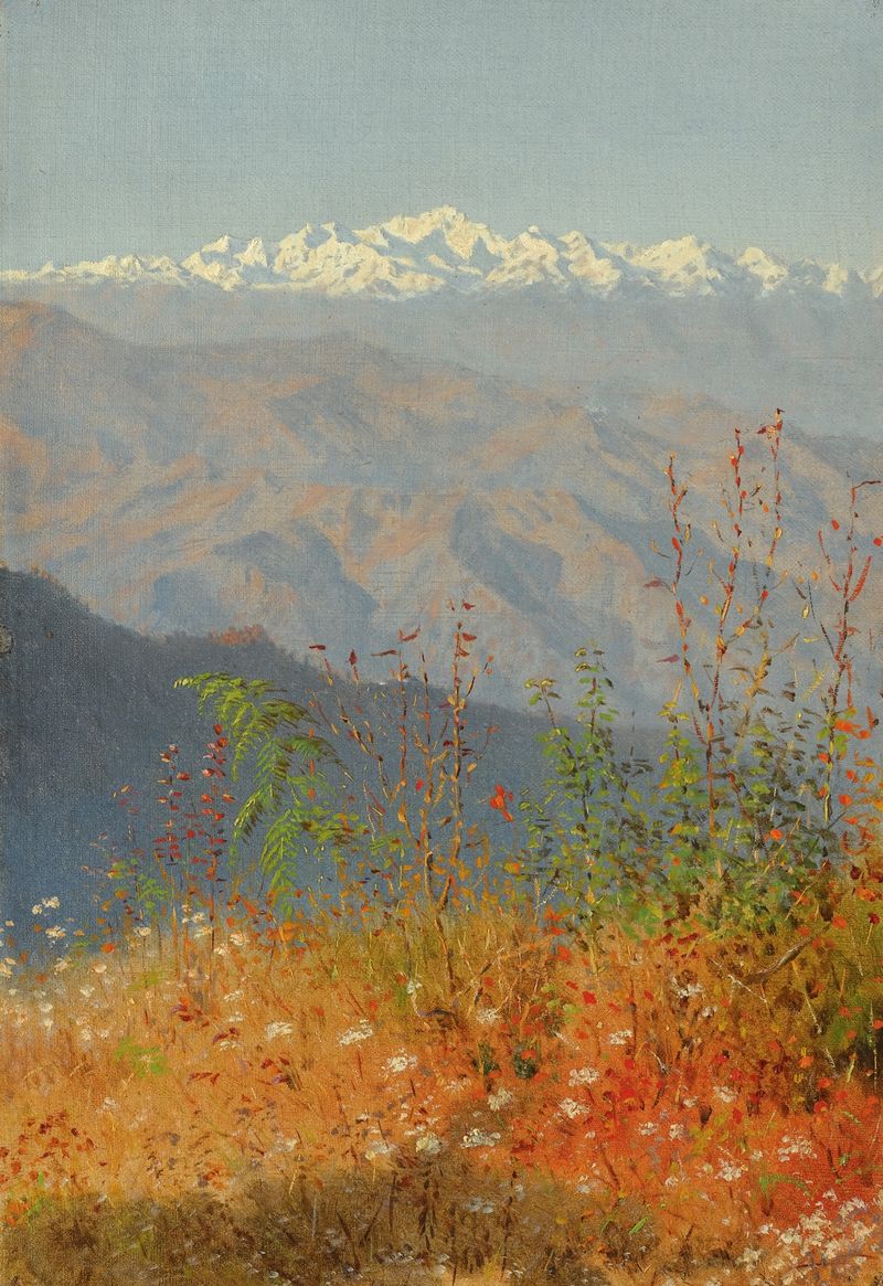 Sunset In The Himalayas de Vasily Vereshchagin, pintura al óleo que representa un vibrante atardecer sobre montañas.