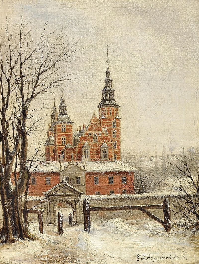 Rosenborg ved vintertide, óleo sobre lienzo de Carl Frederik Aagaard, que muestra un paisaje nevado con un castillo.