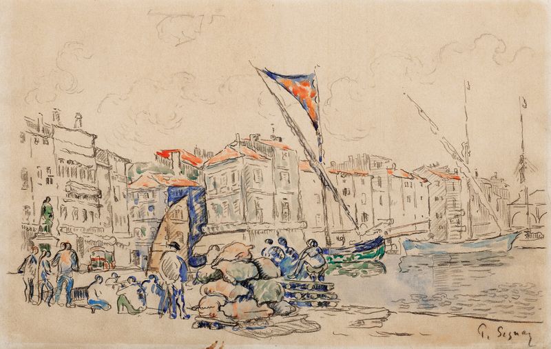 Saint-Tropez, Le Port de Paul Signac, óleo sobre lienzo que muestra barcos en un puerto