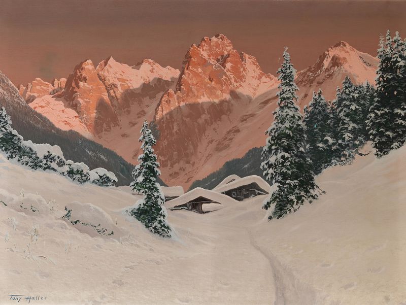 Sunset in the Kaisertal by Toni Haller, oil on canvas depicting a tranquil mountain landscape