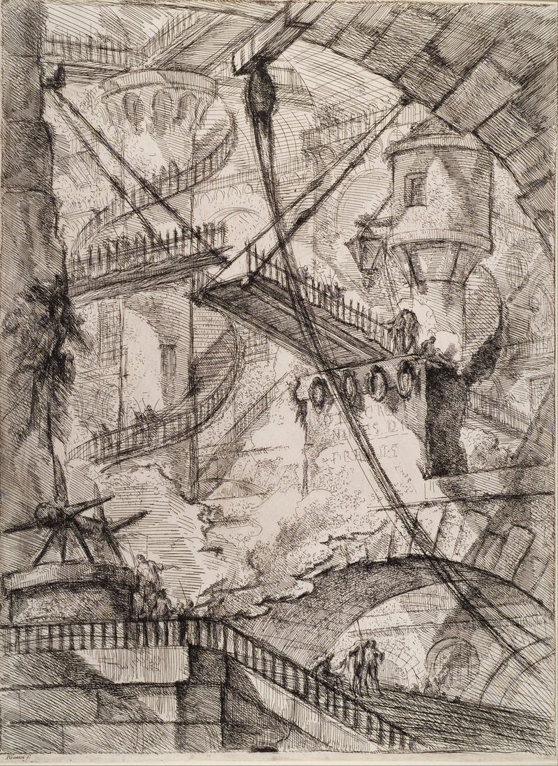 Gravura da Ponte Levadiça de Giovanni Battista Piranesi, com arcos e um profundo abismo.