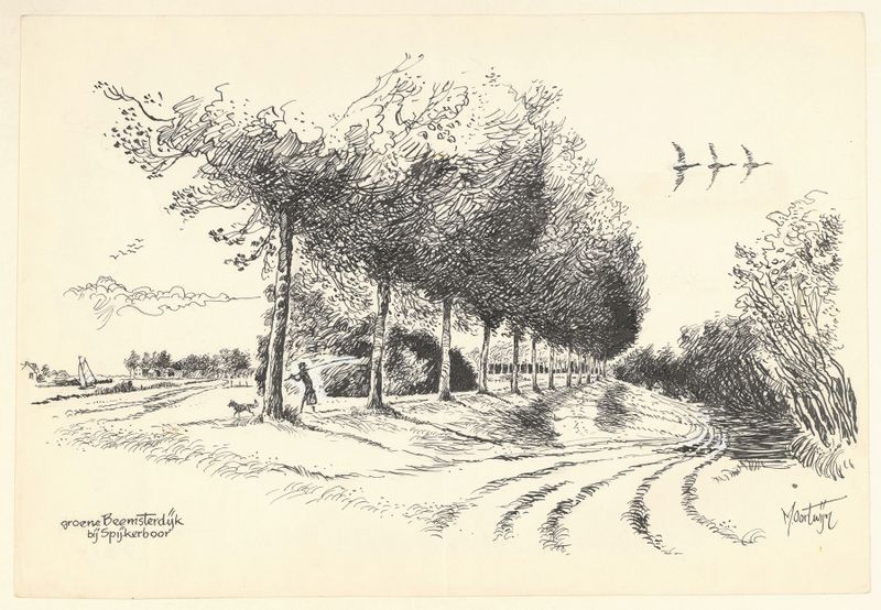 Paisaje en tinta sobre papel de Maarten Oortwijn que representa Beemsterdijk