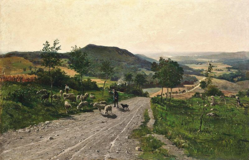 Pastores em um caminho rural, óleo sobre tela de Paul Franz Flickel