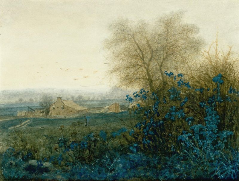 Paisaje con una granja y un campesino con una carretilla, óleo sobre lienzo de Léon Bonvin