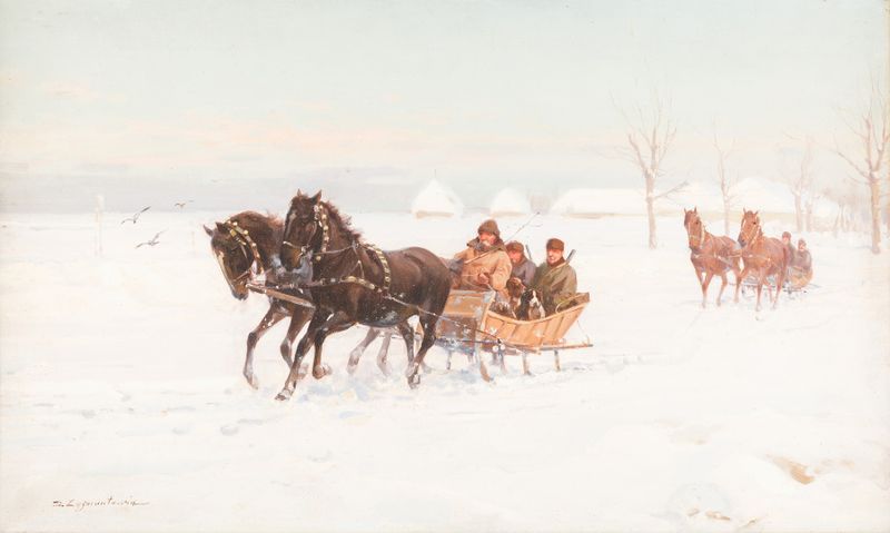 Sleights in snowy landscape de Ignacy Zygmuntowicz, óleo sobre lienzo que representa una escena nevada con árboles.