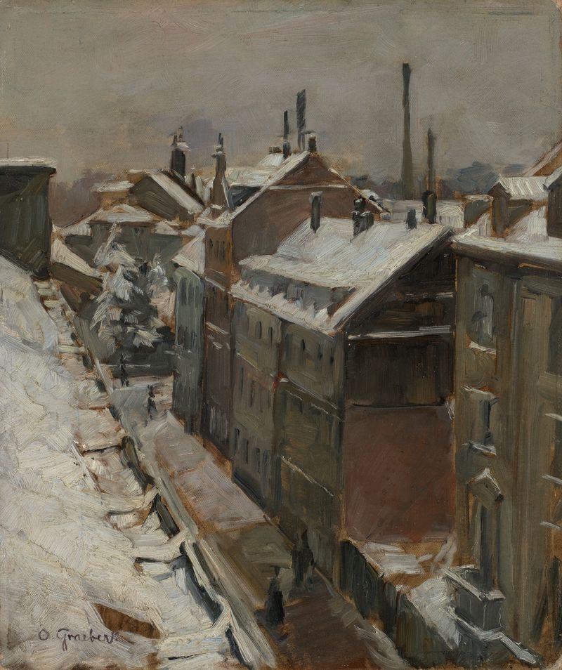 Paisagem representando uma cena de rua com árvores e edifícios de Otto Graeber, meio desconhecido.