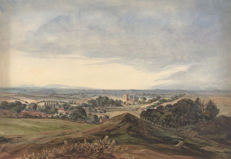Aquarela de Rev. James Bulwer retratando Hunworth Church com luz iluminando sua arquitetura.