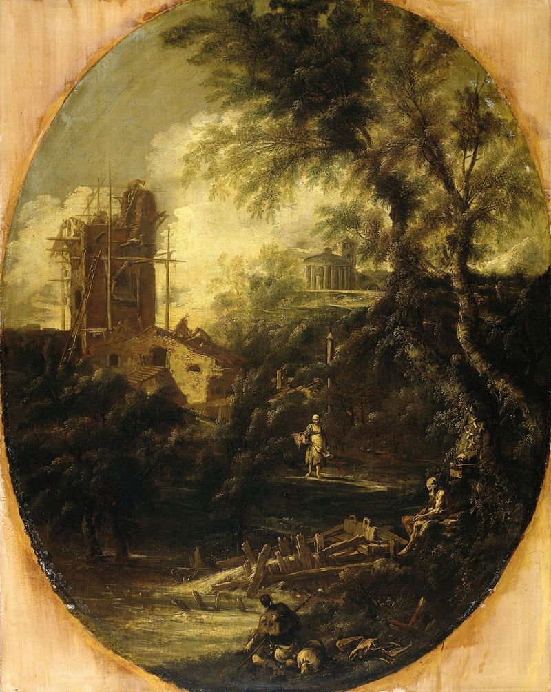 Landscape with Hermit, Pilgrim and Peasant Woman by Antonio Francesco Peruzzini, oil painting