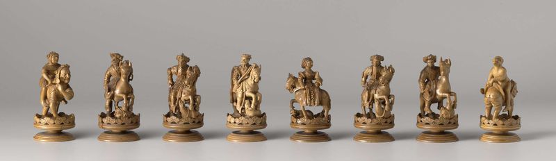 Conjunto de xadrez feito de madeira, com um rei semelhante ao imperador Carlos V, de um artista desconhecido.