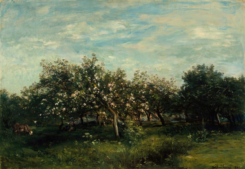 Apple Blossoms de Charles François Daubigny, pintura a óleo que retrata flores vibrantes e luz suave.
