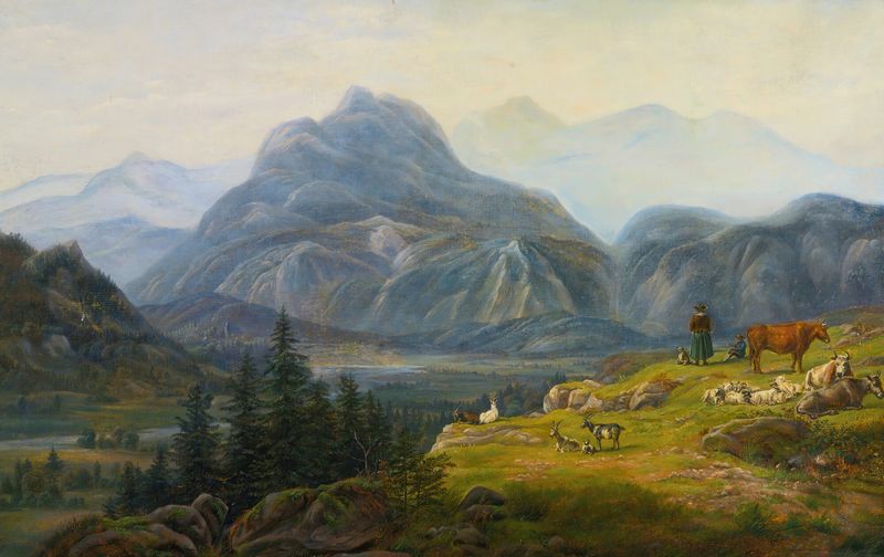 Paisagem do Lago Brinzer com montanhas, pintura a óleo de Jens Peter Møller