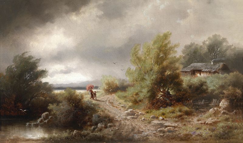 Landscape depicting a storm with swirling clouds and lightning by Albert Rieger