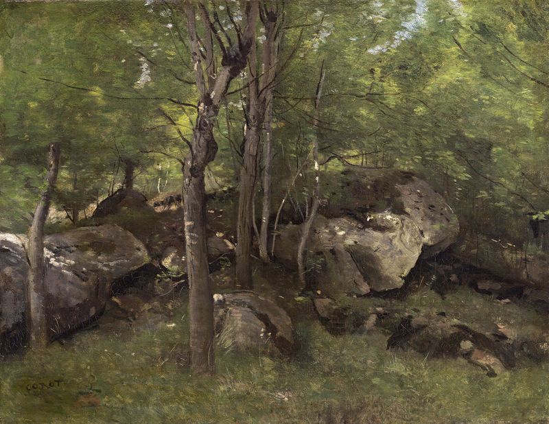 Rocks in the Forest of Fontainebleau, óleo sobre tela de Jean-Baptiste-Camille Corot