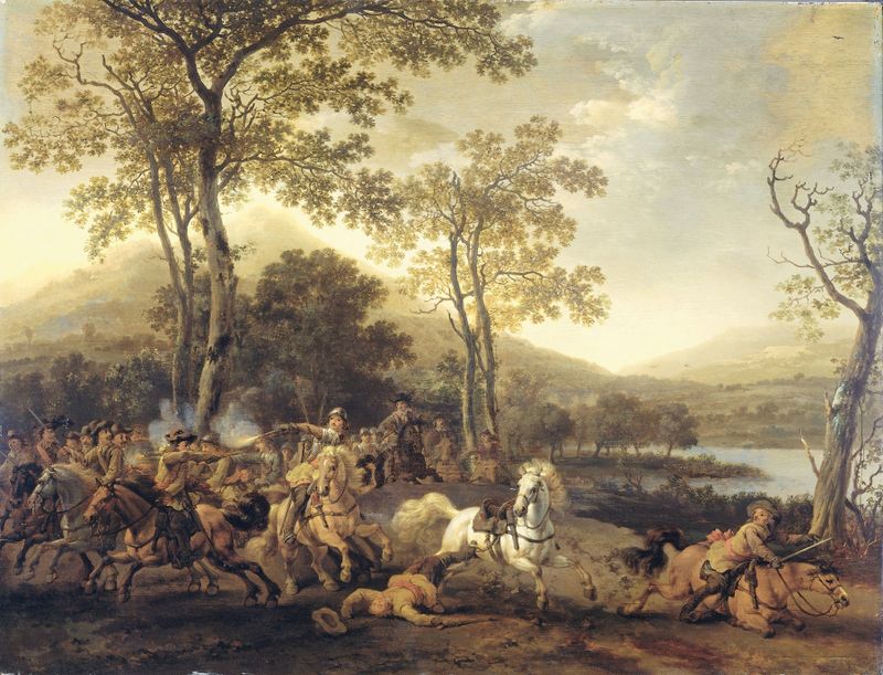 Cavalry Skirmish by Abraham Van Calraet, oil on canvas depicting a chaotic battle scene.