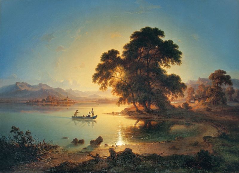 Sonnenuntergang am Chiemsee, oil on canvas by Felix von Schiller, depicting a sunset over the lake.