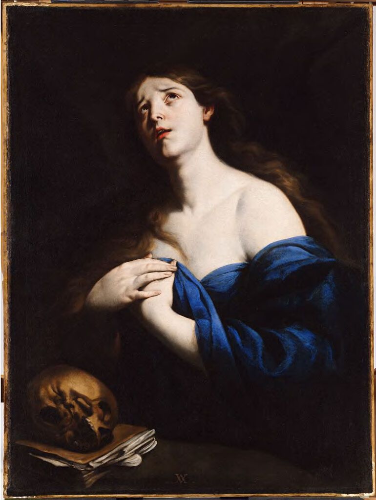 Santa Maria Madalena de Andrea Vaccaro, óleo sobre tela, mostrando uma figura em tristeza iluminada pela luz.