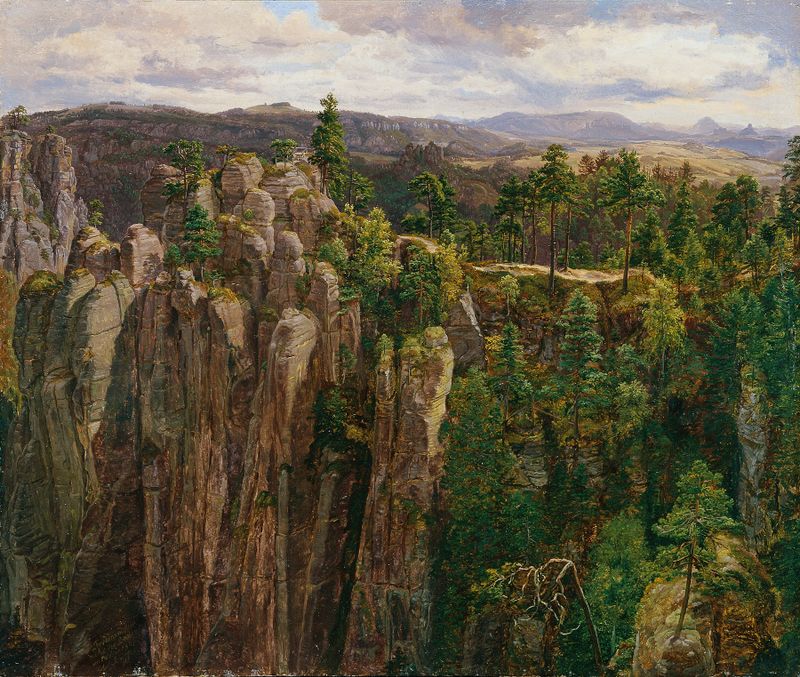 Landscape of mountains under overcast sky, oil on canvas by Anton Schiffer