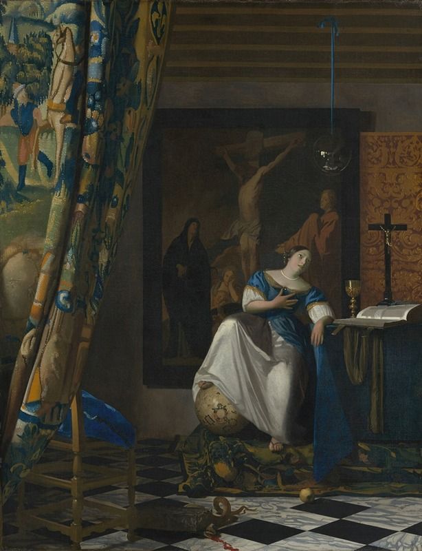 Allegory of the Catholic Faith by Johannes Vermeer, oil on canvas, depicting a female figure representing Faith.