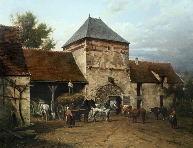 Paisaje rural con una granja y ganado, pintura al óleo de Léon Légat