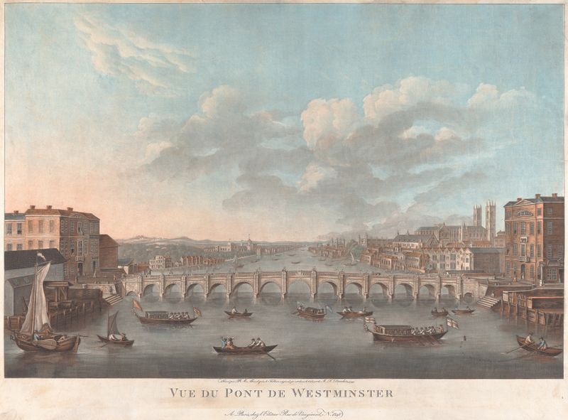 Vue de Pont de Westminster gravura de Pierre Michel Alix, representando a Ponte de Westminster sobre um rio.