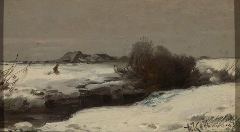Winter landscape with a stream by Roman Kazimierz Kochanowski, oil painting