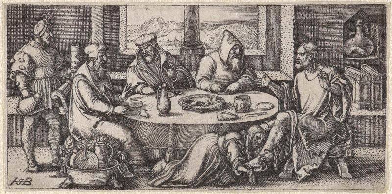 Grabado de Hans Sebald Beham que representa a Cristo y Simón en una escena religiosa.