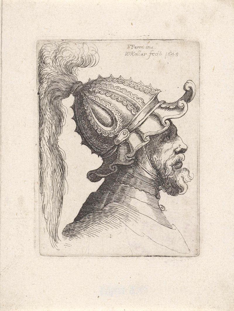 Gravura de Wenceslaus Hollar mostrando um homem com um capacete de pluma