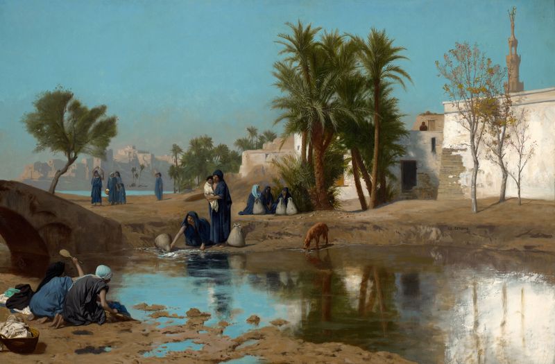 Fellah Women Drawing Water, oil painting by Jean-Léon Gérôme, showing women carrying clay vessels.
